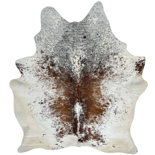 Large Tricolor Speckled Brazilian Cowhide: white with reddish brown speckles and spots on the back, and black speckles on the shoulder, and it has off-white on the belly, butt, and hind shanks - 7'7" x 6'1" (BRSP2729)