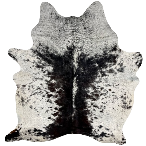 White and Black Speckled Brazilian Cowhide: white with black speckles and spots, and black down both side of the spine - 6'11" x 5'5" (BRSP2747)