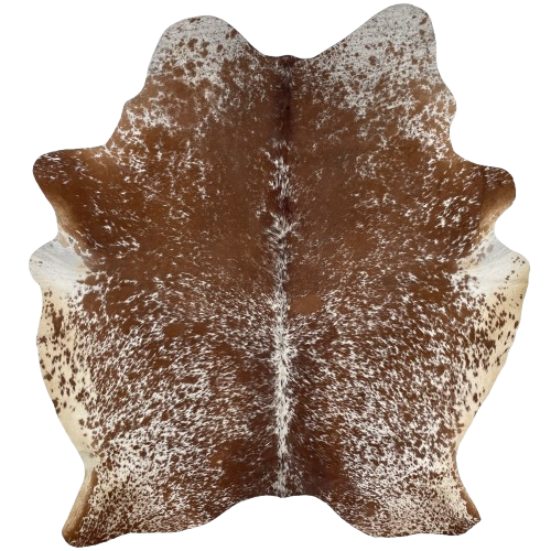 Reddish Brown and White Speckled Brazilian Cowhide: white with reddish brown speckles and spots, and it has creamy white on the belly - 6'2" x 5' (BRSP2754)