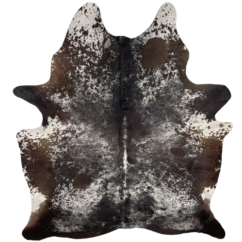 Tricolor Speckled Brazilian Cowhide, 2 brand marks: white with dark brown speckles and spots, and fine, black speckles, and it has one "JR" brand mark on the right side of the back, and another on the right side of the butt - 6'10" x 5'5" (BRSP2755)