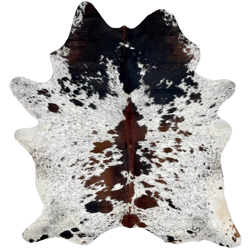 Tricolor Speckled Brazilian Cowhide, 1 brand mark: white with black and dark, reddish brown speckles and spots, and it has one brand mark on the right side of the butt - 6'10" x 5'4" (BRSP2757)