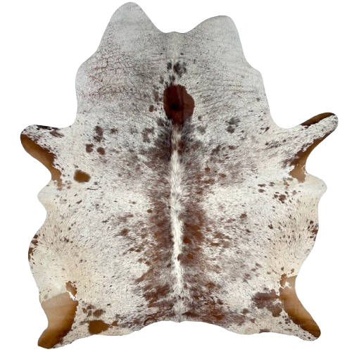 Off-White and Brown Speckled Brazilian Cowhide, 2 brand marks: off-white with brown speckles and spots, and it has one brand mark on each side of the butt - 6'8" x 5'7" (BRSP2761)