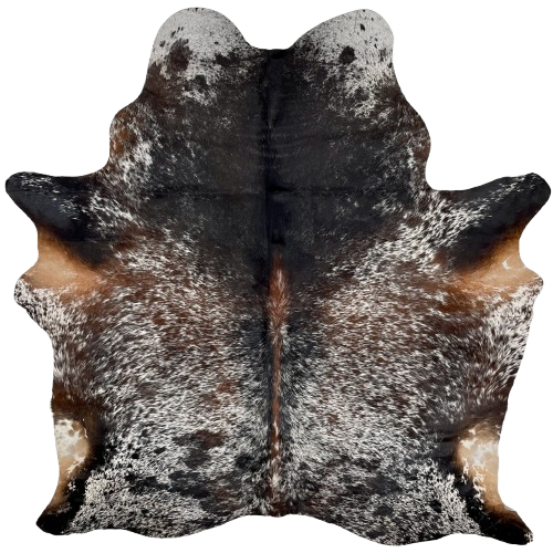 Tricolor Speckled Brazilian Cowhide, 1 brand mark: white with brown and black speckles and spots, a large, black spot in the middle of the shoulder, reddish brown down part of the spine, and one brand mark on the right side of the butt - 6'6" x 5'6" (BRSP2763)