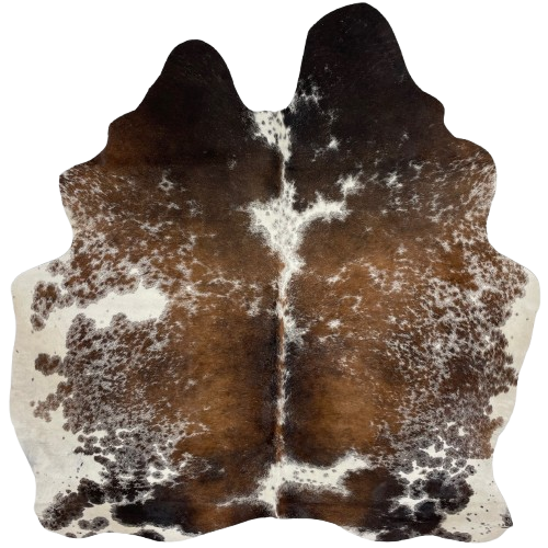 Tricolor Speckled Brazilian Cowhide: has a mix of brown and blackish brown, with white, cloudy speckles, and it has some white spots with black, cloudy speckles - 5'10" x 5'4" (BRSP2765)