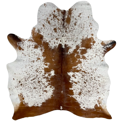 White and Reddish Brown Speckled Brazilian Cowhide, 1 brand mark: white with reddish brown speckles and spots, mostly solid reddish brown down the middle and across the butt and hind shanks, and it has one brand mark on the right side of the butt -  6'1" x 5'1" (BRSP2766)