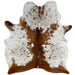 White and Reddish Brown Speckled Brazilian Cowhide, 1 brand mark: white with reddish brown speckles and spots, mostly solid reddish brown down the middle and across the butt and hind shanks, and it has one brand mark on the right side of the butt -  6'1" x 5'1" (BRSP2766)