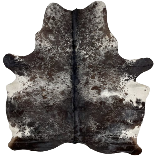 Dark Tricolor Speckled Brazilian Cowhide: black, with blackish brown spots, and fine, white speckles, and white spots - 6'4" x 5'6" (BRSP2768)