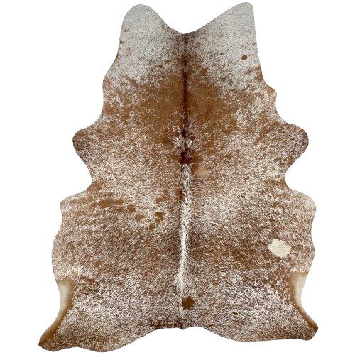 Brown and White Speckled Brazilian Cowhide: white with brown speckles and spots, and it has one off-white spot on the right side - 6'7" x 4'9" (BRSP2770)