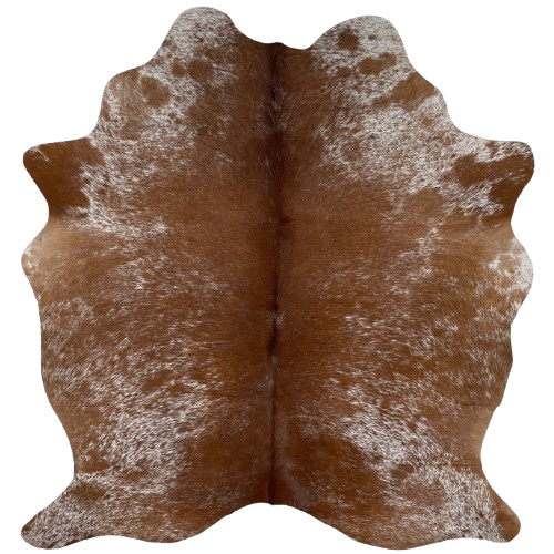 Reddish Brown and White Speckled Brazilian Cowhide, 1 brand mark: reddish brown with white speckles, and it has one brand mark on the left side of the butt - 5'9" x 4'9" (BRSP2772)