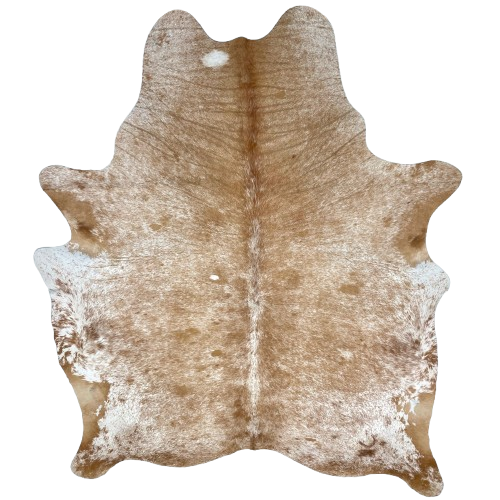 Large Caramel and White Speckled Brazilian Cowhide, 1 brand mark: white with caramel speckles and spots, and it has one brand mark on the right side of the butt - 7'8" x 5'11" (BRSP2775)