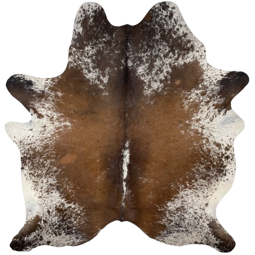 Brown and White Speckled Brazilian Cowhide:  brown with white speckles down the middle, and white with brown speckles on the belly, butt, shoulder, and shanks - 6'11" x 5'9" (BRSP2776)