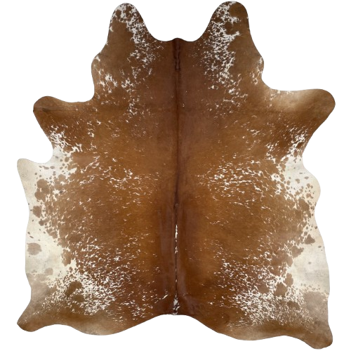 Brown and White Speckled Brazilian Cowhide, 1 brand mark: brown with white speckles and spots, and it has white with brown speckles and spots on the belly, and one brand mark on the right side of the butt - 6'10" x 6'1" (BRSP2778)