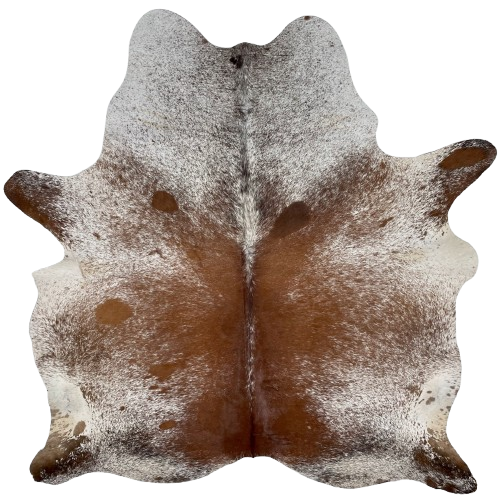 Brown and White Speckled Brazilian Cowhide, 1 brand mark: white with brown speckles and spots, and brown, with white speckles, down the middle of the back, and it has one brand mark on the right side of the butt - 7'5" x 6'4" (BRSP2779)