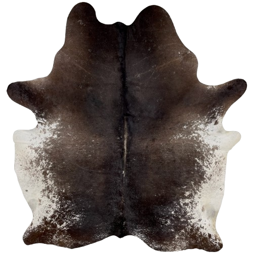 Dark Brown and White Speckled Brazilian Cowhide: dark brown with white speckles, and it has white, with dark brown speckles, on the belly - 7'7" x 6'1" (BRSP2789)