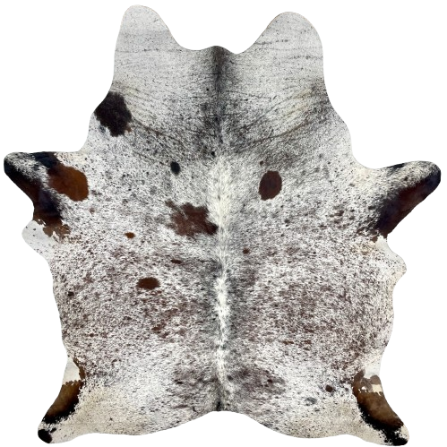 Large Tricolor Speckled Brazilian Cowhide, 1 brand mark: white with brown and black speckles and spots, and it has one brand mark on the left side of the butt - 7'11" x 6'1" (BRSP2796)