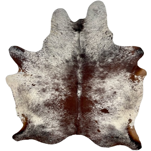 Tricolor Speckled Brazilian Cowhide: white with dark reddish brown and black speckles and spots - 7' x 5'8" (BRSP2801)