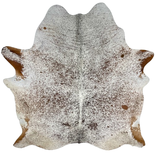 Large White and Brown Speckled Brazilian Cowhide, 1 brand mark: white with brown speckles and spots, and it has one brand mark on the left side of the butt - 7'9" x 6'6" (BRSP2805)