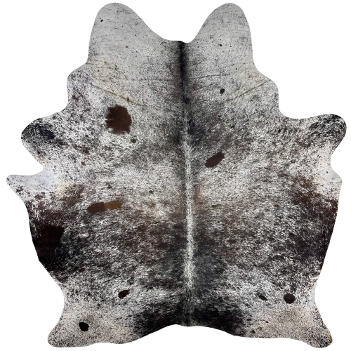 Dark Tricolor Speckled Brazilian Cowhide, 2 brand mark: white with black speckles and spots, with the blackish brown mixed it on the back, and it has one brand mark on each side of the butt - 7'2" x 6'1" (BRSP2814)