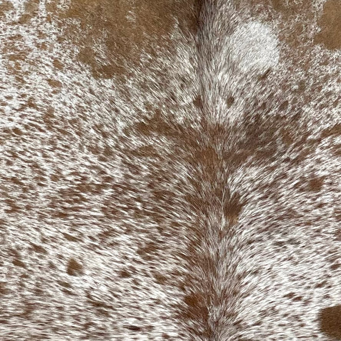 Closeup of this Speckled Brazilian Cowhide, showing white with brown speckles and spots (BRSP2815)