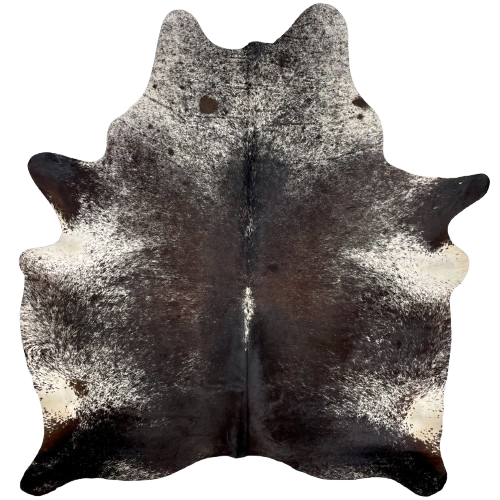 Dark Tricolor Speckled Brazilian Cowhide, 1 brand mark: has a mix of black and blackish brown with white speckles, and it has one inconspicuous brand mark on the left side of the back - 6'9" x 5'7" (BRSP2816)