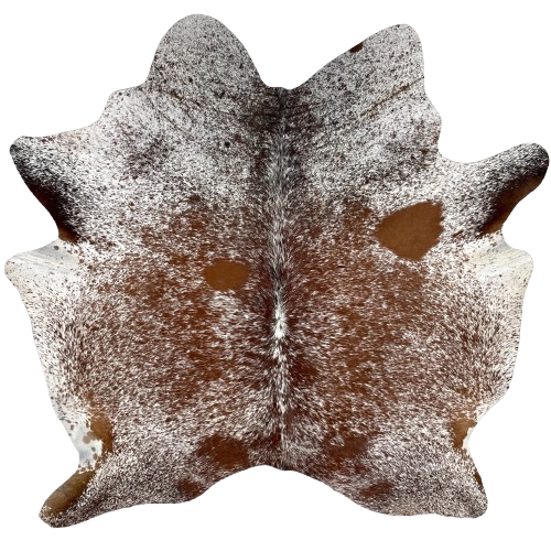 Brown and White Speckled Brazilian Cowhide: white with reddish brown and blackish brown speckles and spots - 6'10" x 6'3" (BRSP2818)