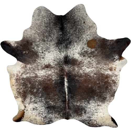 Tricolor Speckled Brazilian Cowhide: white with black and brown speckles and spots, a large spot in the middle that has a mix of black and brown with white speckles, and it has one large brand mark on the right side of the butt - 7'3" x 5'11" (BRSP2823)