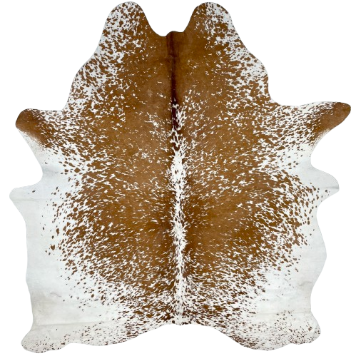 Brown and White Speckled Brazilian Cowhide: brown with white speckles and spots down the middle, and white with brown speckles and spots on the belly, butt, and shanks - 6'9" x 5'7" (BRSP2844)