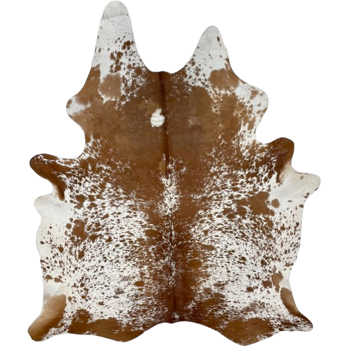 Brown and White Speckled Brazilian Cowhide, 1 brand mark: white with brown speckles and spots, and one brand mark on the right side of the butt - 7'3" x 5'5" (BRSP2845)