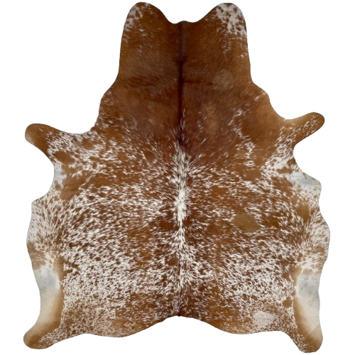 Reddish Brown and White Speckled Brazilian Cowhide: white with reddish brown speckles and spots, and it has reddish brown with a few white speckles on the shoulder - 6'5" x 5'6" (BRSP2846)