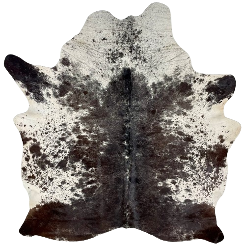 Blackish Brown and White Speckled Brazilian Cowhide: blackish brown, with fine, white speckles, down the middle of the back and across the butt and hind shanks, and white with blackish brown speckles and spots on the belly and part of the shoulder - 6'7" x 5'5" (BRSP2849)