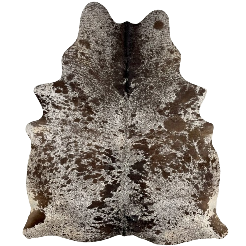 Dark Brown and White Speckled Brazilian Cowhide, 7 brand marks: white with dark brown speckles and spots, and it has 6 brand marks on the right side and one on the left side - 6'10" x 5'4" (BRSP2850)