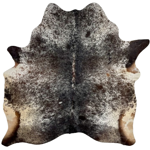 Tricolor Speckled Brazilian Cowhide: black and dark brown with white speckles and spots, and it has cream on the belly - 6'5" x 5'9" (BRSP2852)