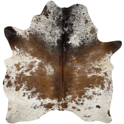 Tricolor Speckled Brazilian Cowhide: white with golden brown and dark brown speckles, and large and small spots - 6' x 5'3" (BRSP2856)