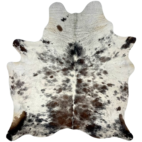 Tricolor Speckled Brazilian Cowhide: white with dark brown and black speckles and spots - 6'6" x 5'4" (BRSP2858)