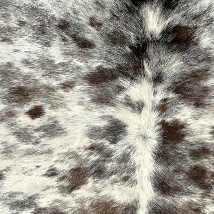 Closeup of this Tricolor Speckled Brazilian Cowhide, showing white with dark brown and black speckles and spots (BRSP2858)