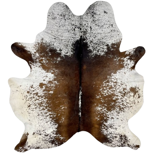 White and Brown Speckled Brazilian Cowhide: brown, with a few white speckles down the middle of the back, white with brown speckles and spots on the belly and shanks, and white with blackish brown speckles on part of the shoulder and the neck - 6'6" x 5'7" (BRSP2859)