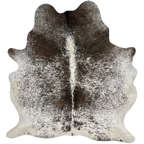 White and Dark Brown Speckled Brazilian Cowhide: white with dark brown speckles and spots, and it has dark brown with white speckles on the shoulder - 5'10" x 5' (BRSP2862)