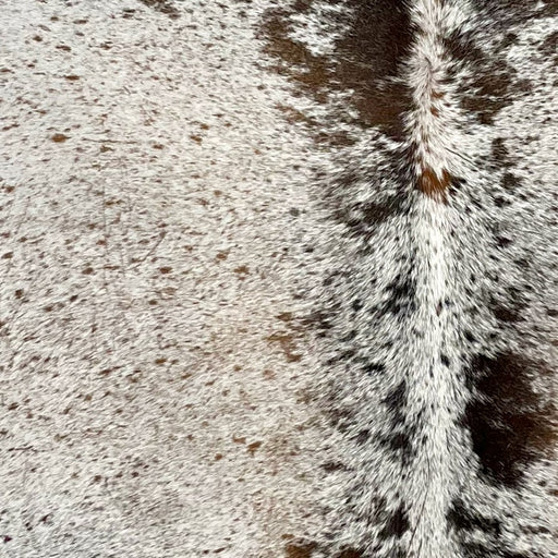 Closeup of this Tricolor Speckled Brazilian Cowhide, showing white with medium brown and dark brown speckles and spots (BRSP2863)