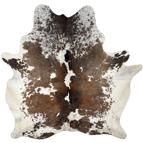 Brown and White Speckled Brazilian Cowhide, 3 brand marks: white with large and small, brown spots, and cloudy, brown speckles, and it has two brand marks on the right side of the butt and one on the left side - 6'6" x 5'7" (BRSP2864)