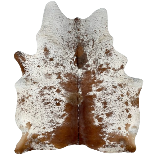 Reddish Brown and White Speckled Brazilian Cowhide: white with reddish brown speckles and large and small spots - 6'4" x 5'2" (BRSP2865)