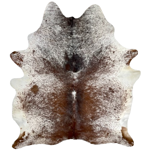 Large Tricolor Speckled Brazilian Cowhide:  white with reddish brown speckles and spots on the back, butt, and shanks, and blackish brown speckles and spots on the shoulder - 7'10" x 6'4" (BRSP2869)