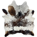 Tricolor Speckled Brazilian Cowhide: white with black and brown speckles and spots and one brand mark on the right side of the back - 6'9" x 5'8" (BRSP2878)