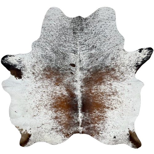 Tricolor Speckled Brazilian Cowhide, 2 brand marks: white with reddish brown and black speckles and spots, and it has one brand mark on each side of the butt - 7'5" x 6'9" (BRSP2880)