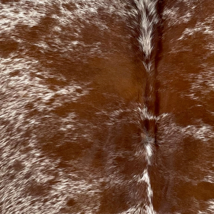 Closeup of this Speckled Brazilian Cowhide, showing white with reddish brown speckles and large and small spots  (BRSP2883)