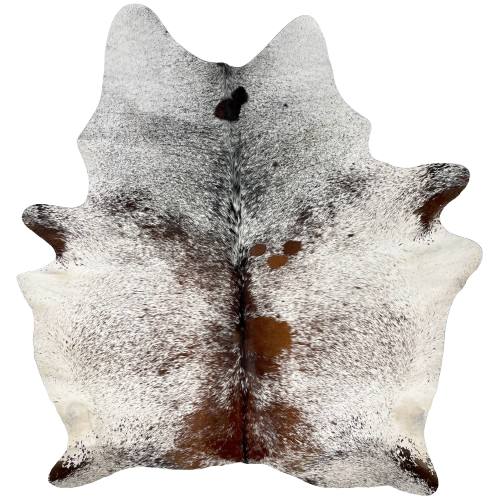 Large Tricolor Speckled Brazilian Cowhide: white with reddish brown and black speckles and spots - 7'6" x 6'3" (BRSP2893)