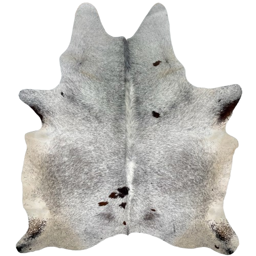 Tricolor Speckled Brazilian Cowhide: white with black and dark brown speckles, a few dark brown spots, and it has cream on the belly, butt, and hind shanks - 7'3" x 5'9" (BRSP2901)