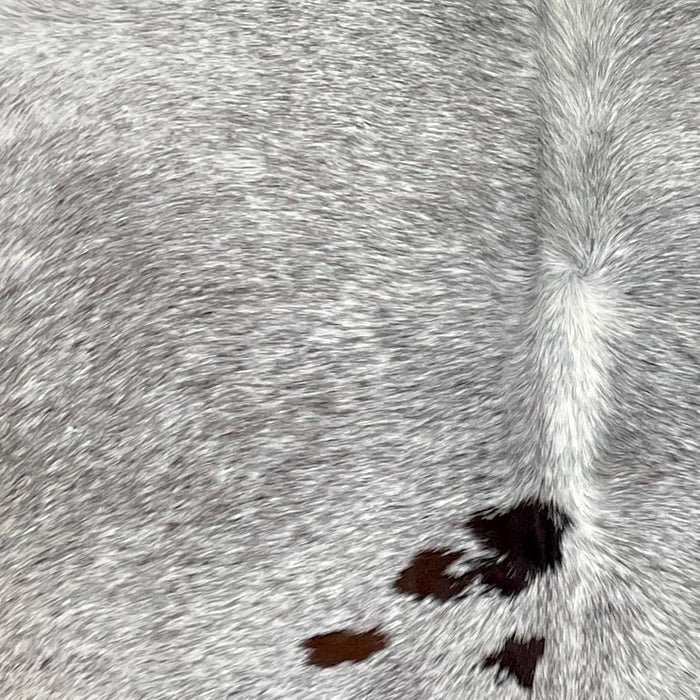 Closeup of this Tricolor Speckled Brazilian Cowhide, showing white with black and dark brown speckles, and a few dark brown spots (BRSP2901)