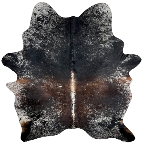 Large Dark Tricolor Speckled Brazilian Cowhide: has black and a mix of black and dark brown with white speckles and spots - 7'9" x 6'5" (BRSP2903)