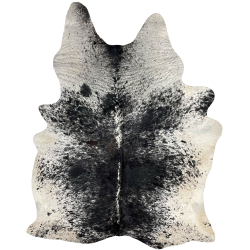 Large Black and White Speckled Brazilian Cowhide: black with white speckles down the middle of the back, and white with black speckles and spots on the belly, shanks, and shoulder - 7'6" x 5'4" (BRSP2922)