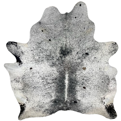 White and Black Speckled Brazilian Cowhide:  white with black speckles and spots, and one small, brown spot - 7'2" x 6'4" (BRSP2923)